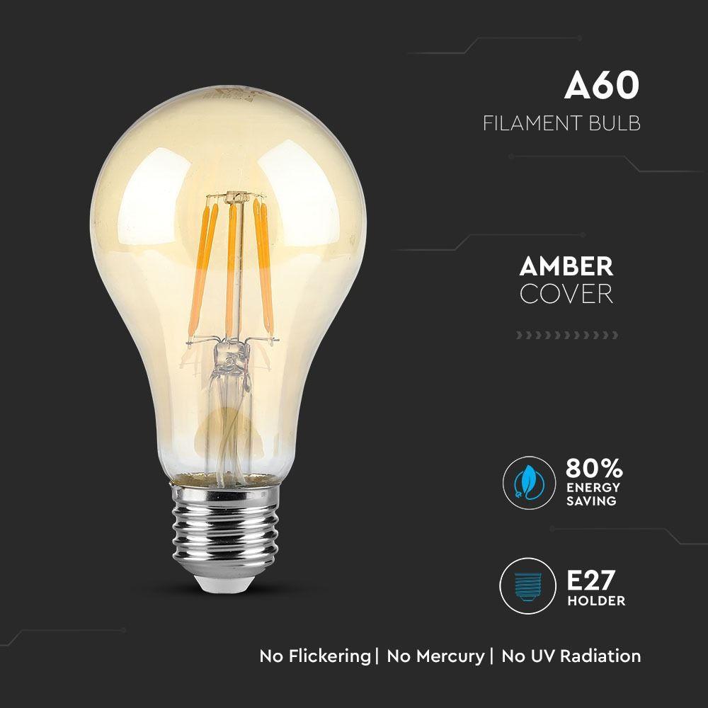 4W A60 Żarówka LED Filament, Klosz: Bursztynowy, Barwa:2200K, Trzonek:E27, VTAC, SKU 4498