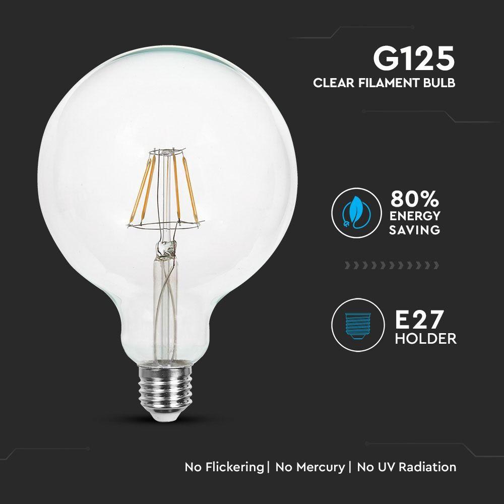 6W Żarówka LED G125 Filament, Barwa:6400K, Trzonek:E27, VTAC, SKU 7427