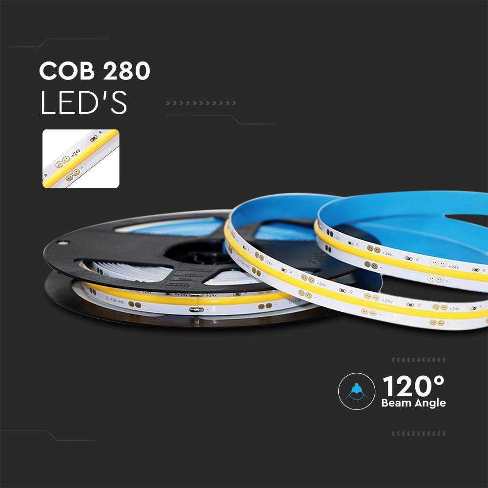 10W Taśma LED COB, Barwa:3000K, Zasilanie: 24V, IP20, Rolka:5m, VTAC, SKU 212652