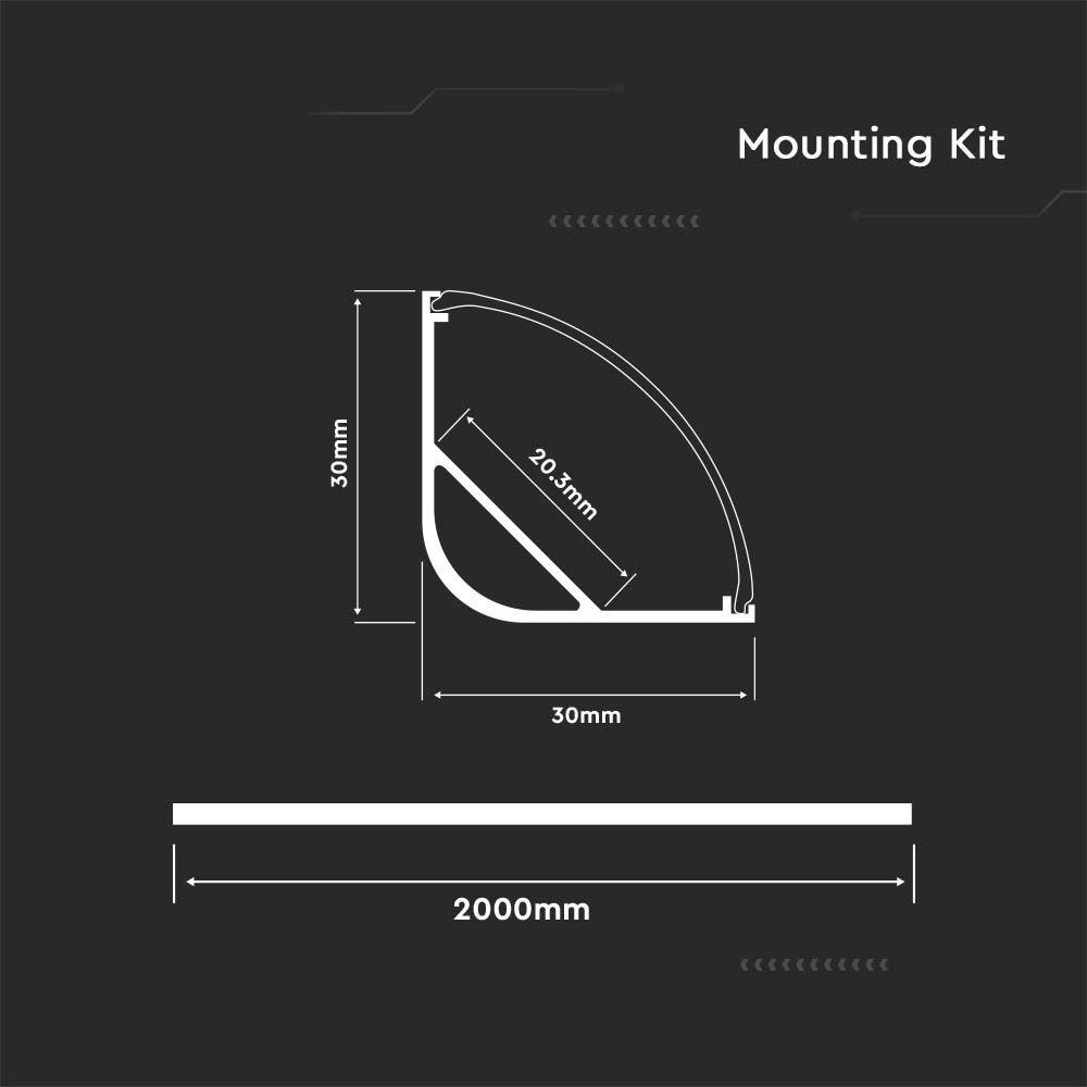 VT-8105 MOUNTING KIT WITH DIFFUSER FOR LED STRIP CORNER 2000x20.3x30MM SILVER