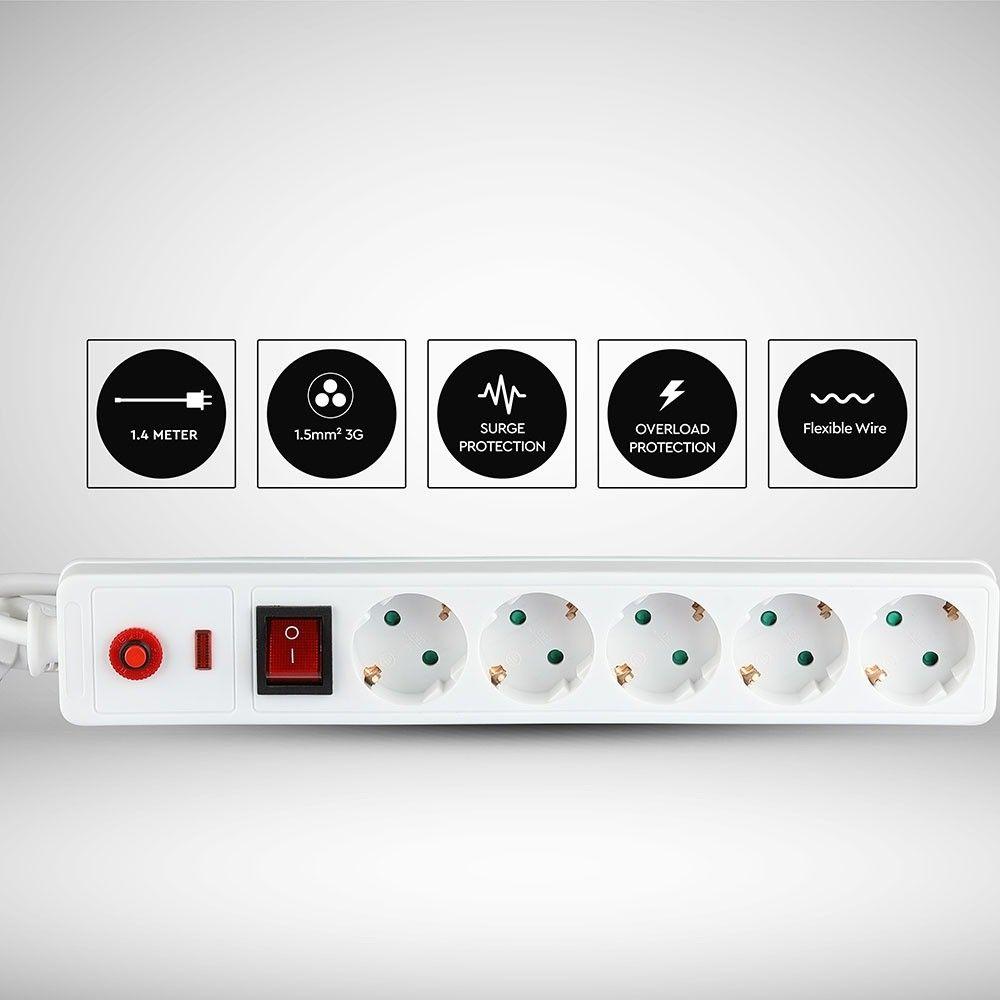 Housing strip with switch and fuse 5 GN., 3x1.5 X 1.4M, White, VTAC, SKU 8818