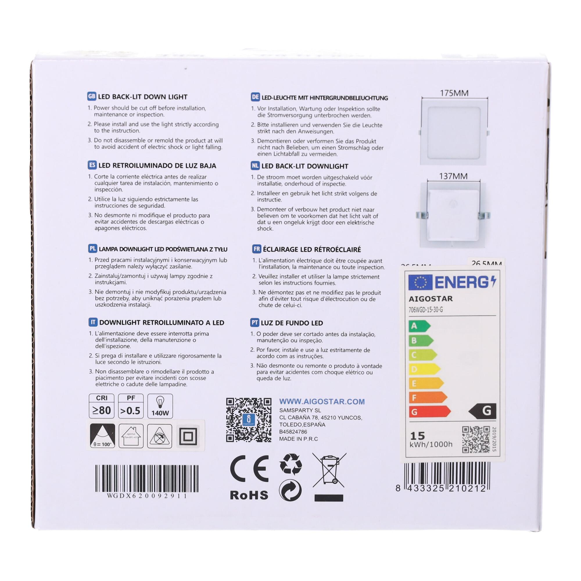 E6 LED  Flush-mounted Square Downlight 15W Yellow Light