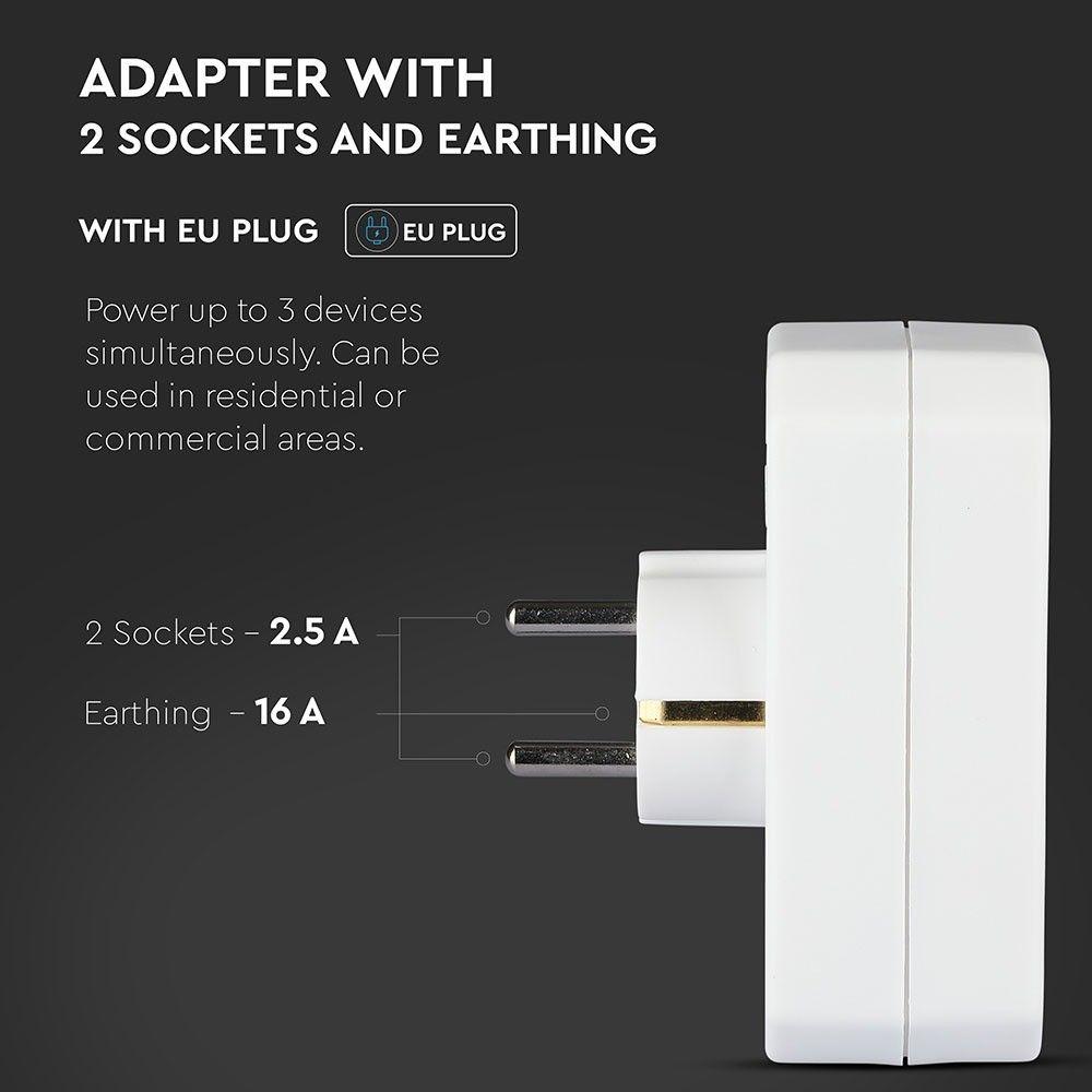 VT-1053 ADAPTER WITH 2 SOCKET (2.5A/16A) WITH EARTHING - WHITE