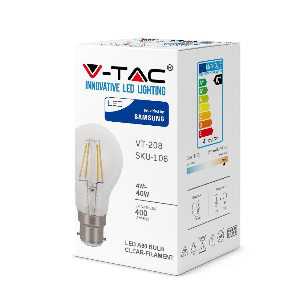 VT-208 4W A60 FILAMENT BULB-CLEAR GLASS SAMSUNG CHIP 3000K B22