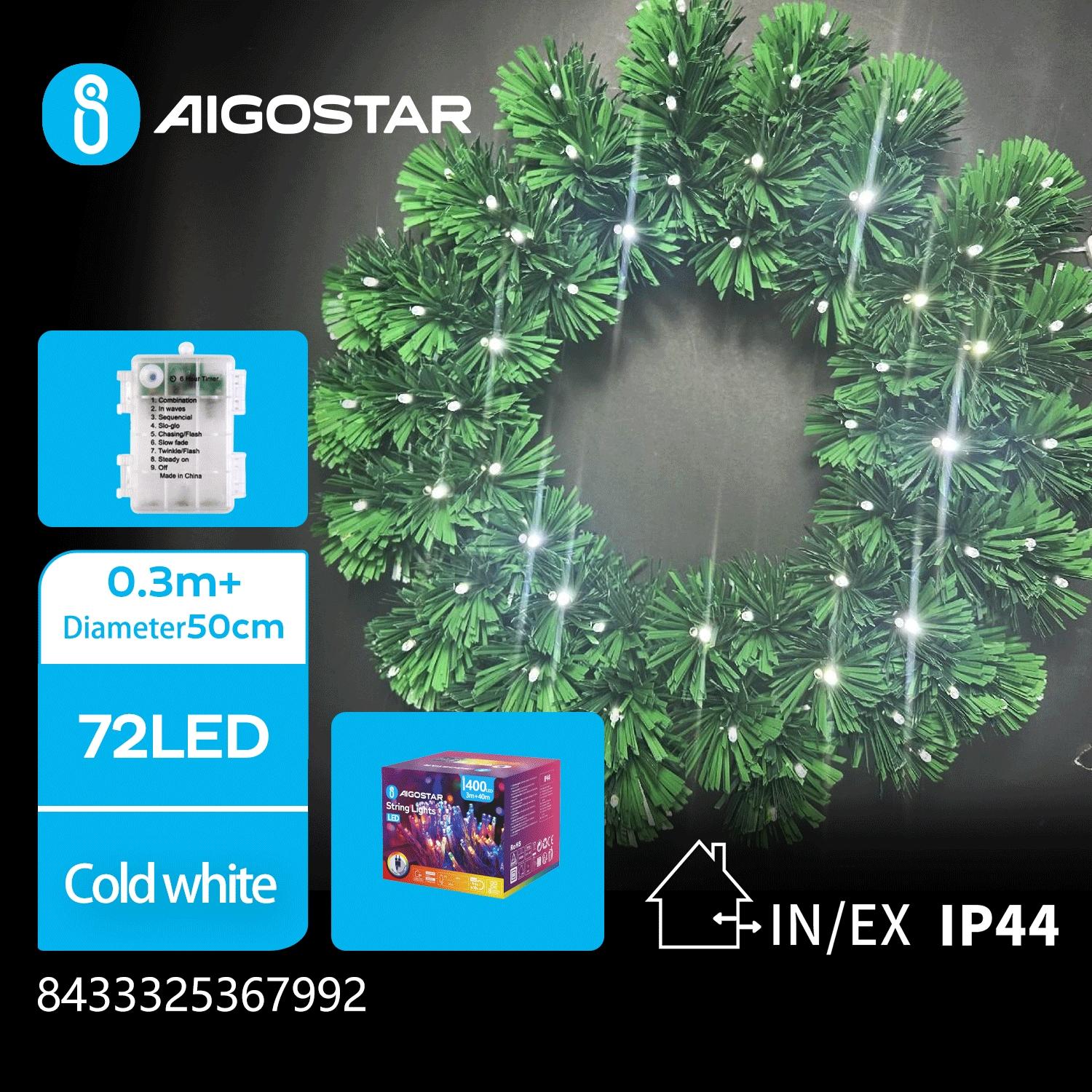 Christmas decorations-3AA Battery case luminous plastic wreath-Diameter 50CM-Cool white-8blink+time-IP44