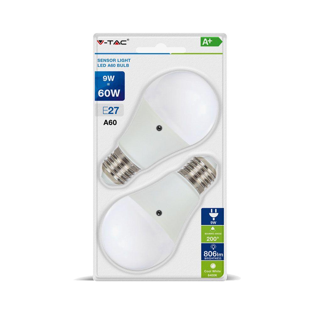 VT-2109 9W A60 LED PLASTIC SENSOR BULB 2700K E27 2PCS BLISTER PACK