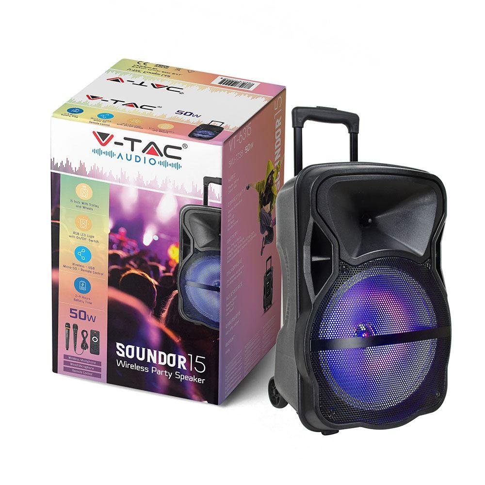 50W Przenośny głośnik karaoke bluetooth, gniazdo USB, slot na kartę micro SD/gniazdo AUX/2x Mikrofon/Podświetlenie LED (38 cm), VTAC, SKU 7738