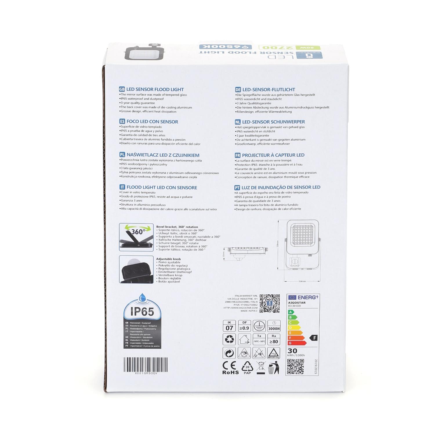 LED Floodlight with Sensor Black 30W