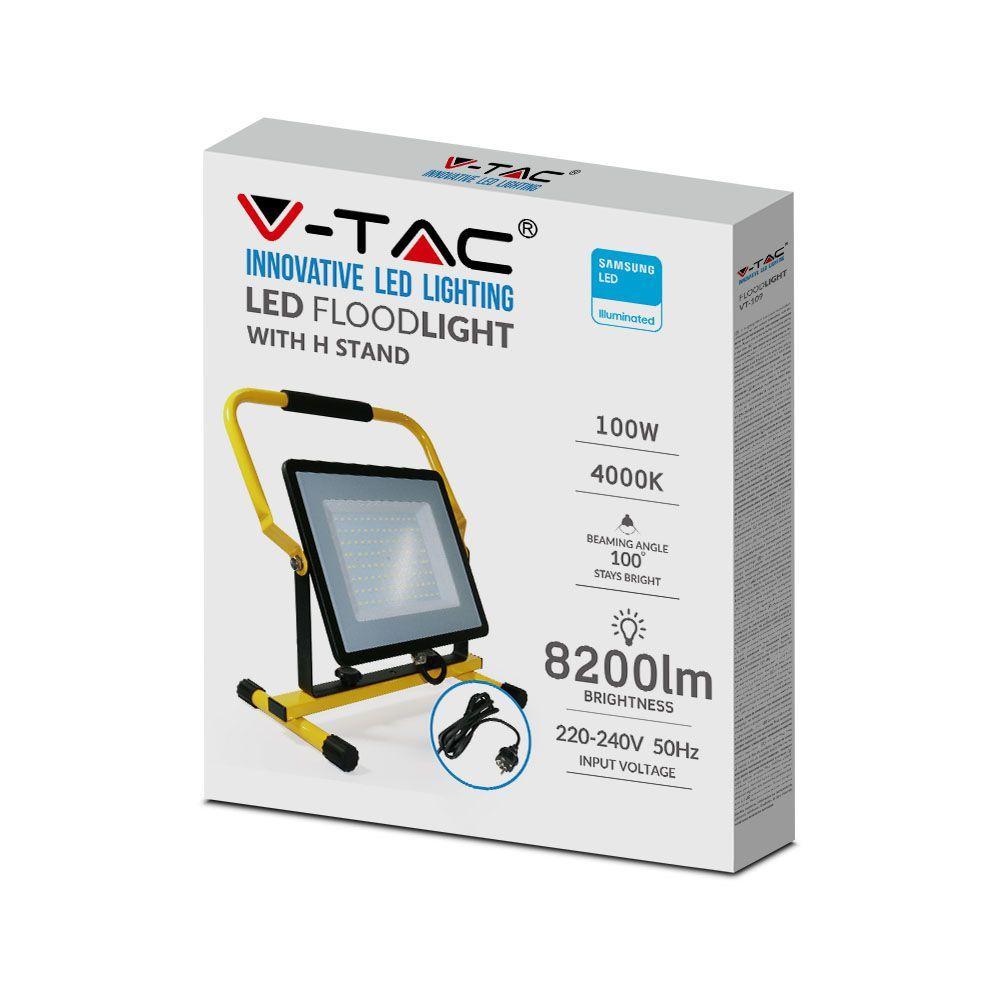 100W Floodlight on stand "H", SAMSUNG chip, Colour:6500K, Plug: EU, Cable: 3mb, VTAC, SKU 2120125