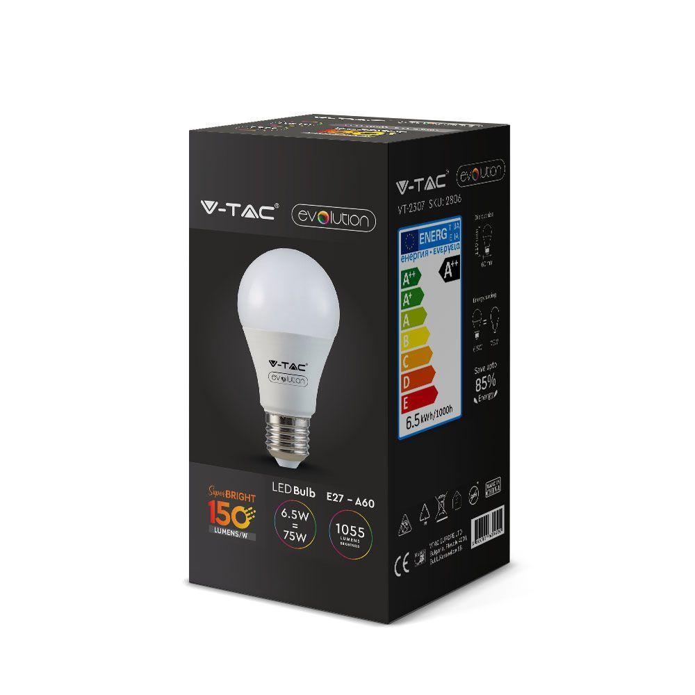 VT-2307 6.5W A60 LED PLASTIC BULB 3000K E27(150LM/WATT)