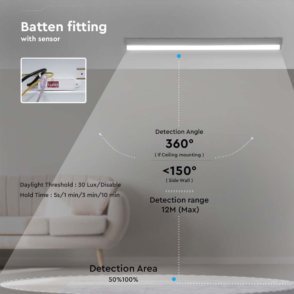 VT-4004SE 20W/30W/40W LED BATTEN FITTING SENSOR+EMERGENCY 4FT SAMSUNG CHIP CCT 3IN1 135LM/W