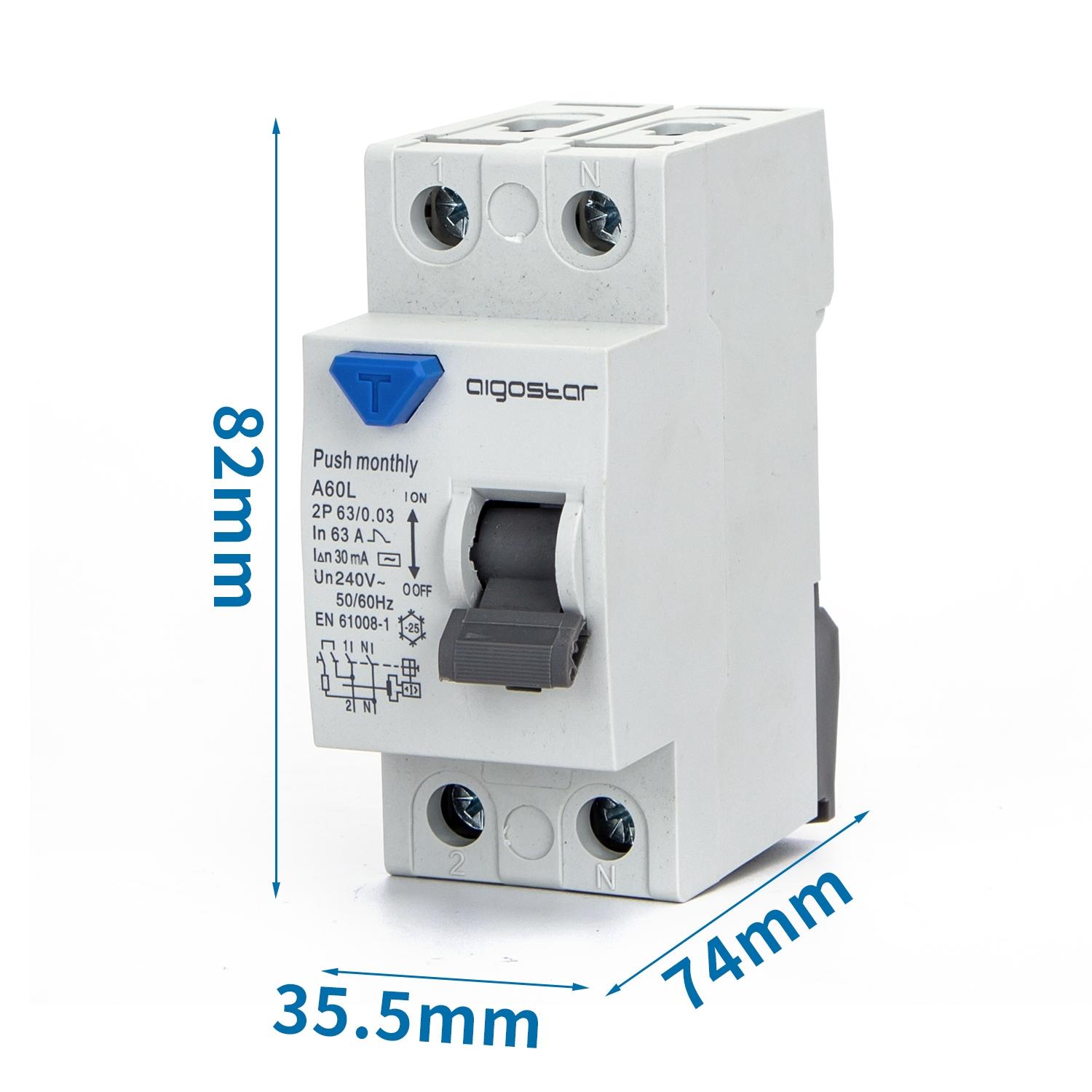 Residual Current Circuit Breaker 2P 63A 30mA AC Gray