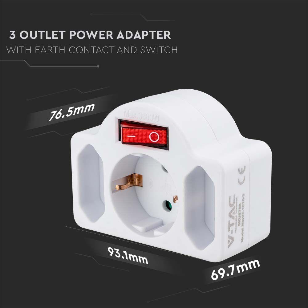 VT-1010-3 3 OUTLET POWER ADAPTER WITH EARTH CONTACT AND SWITCH 16A 250V