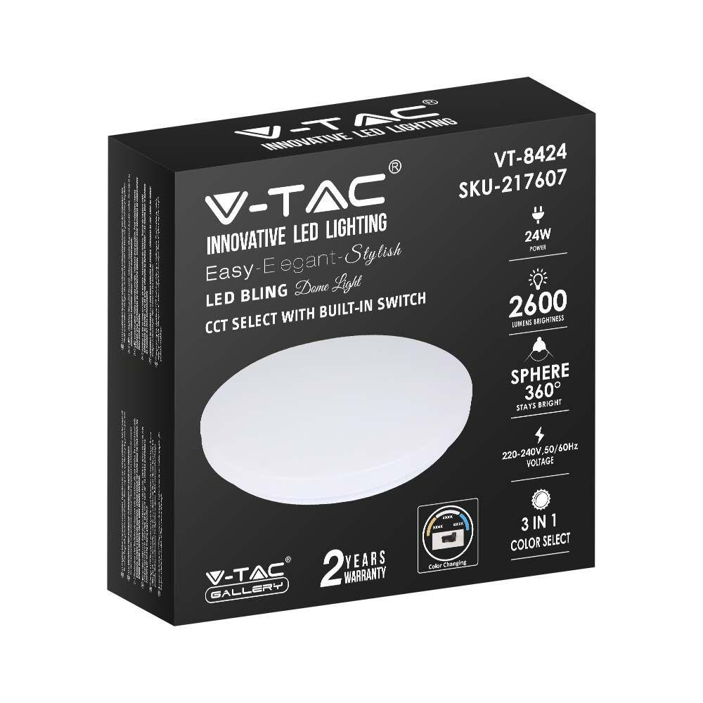 24W Plafon LED DOME, Średnica: 350, Klosz: Mleczny, Barwa:3w1, VTAC, SKU 217607