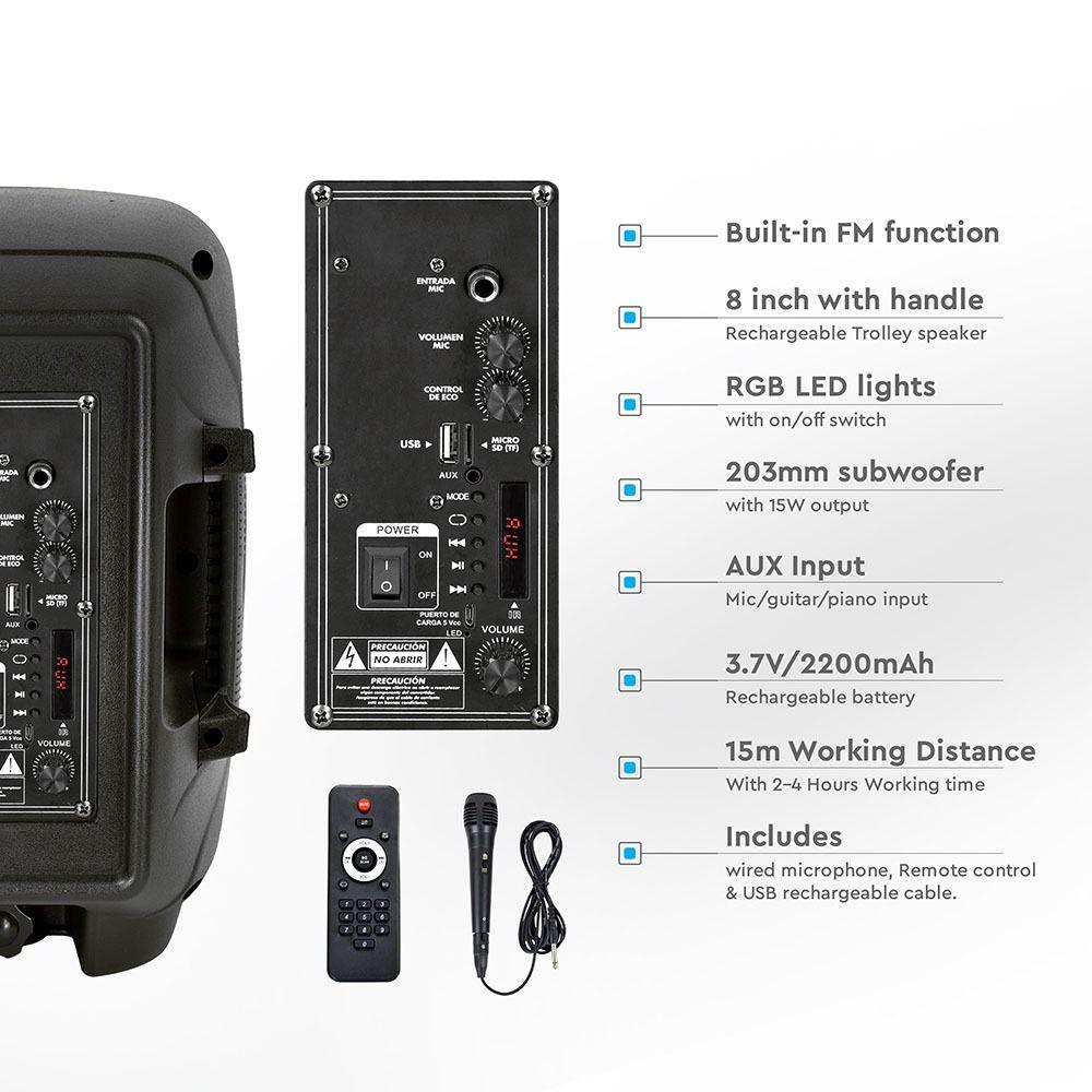 VT-6208 15W RECHARGEABLE TROLLEY SPEAKER WITH WIRED MICROPHONE-RF CONTROL-RGB