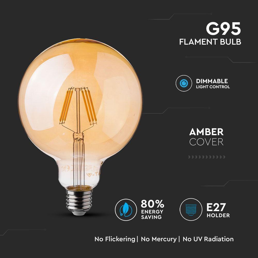 6W G95 Żarówka LED Filament, Klosz Bursztynowy, Barwa:2200K, Ściemniana, Trzonek:E27, VTAC, SKU 7156