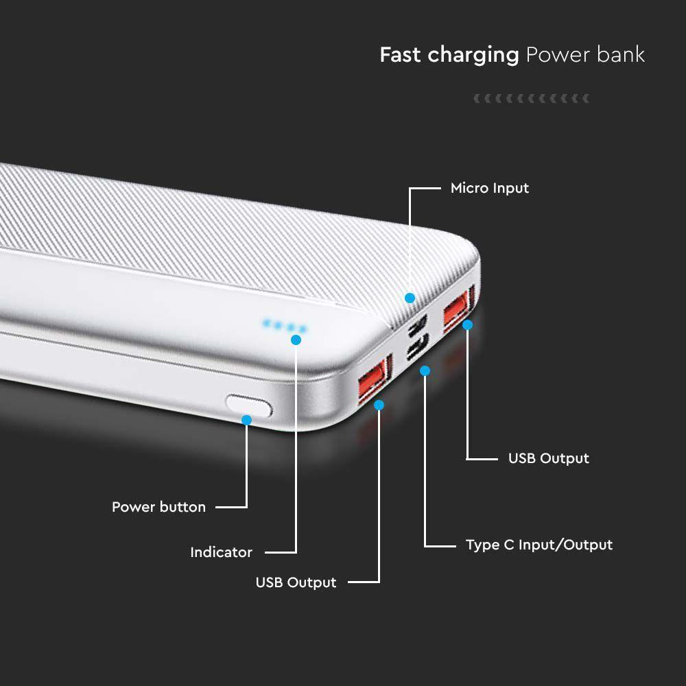 Power Bank 2xUSB + typ: C, Micro USB, Szybkie ładowanie, Litowo Polimerowy - 10000mAh, Biały, VTAC, SKU 7832