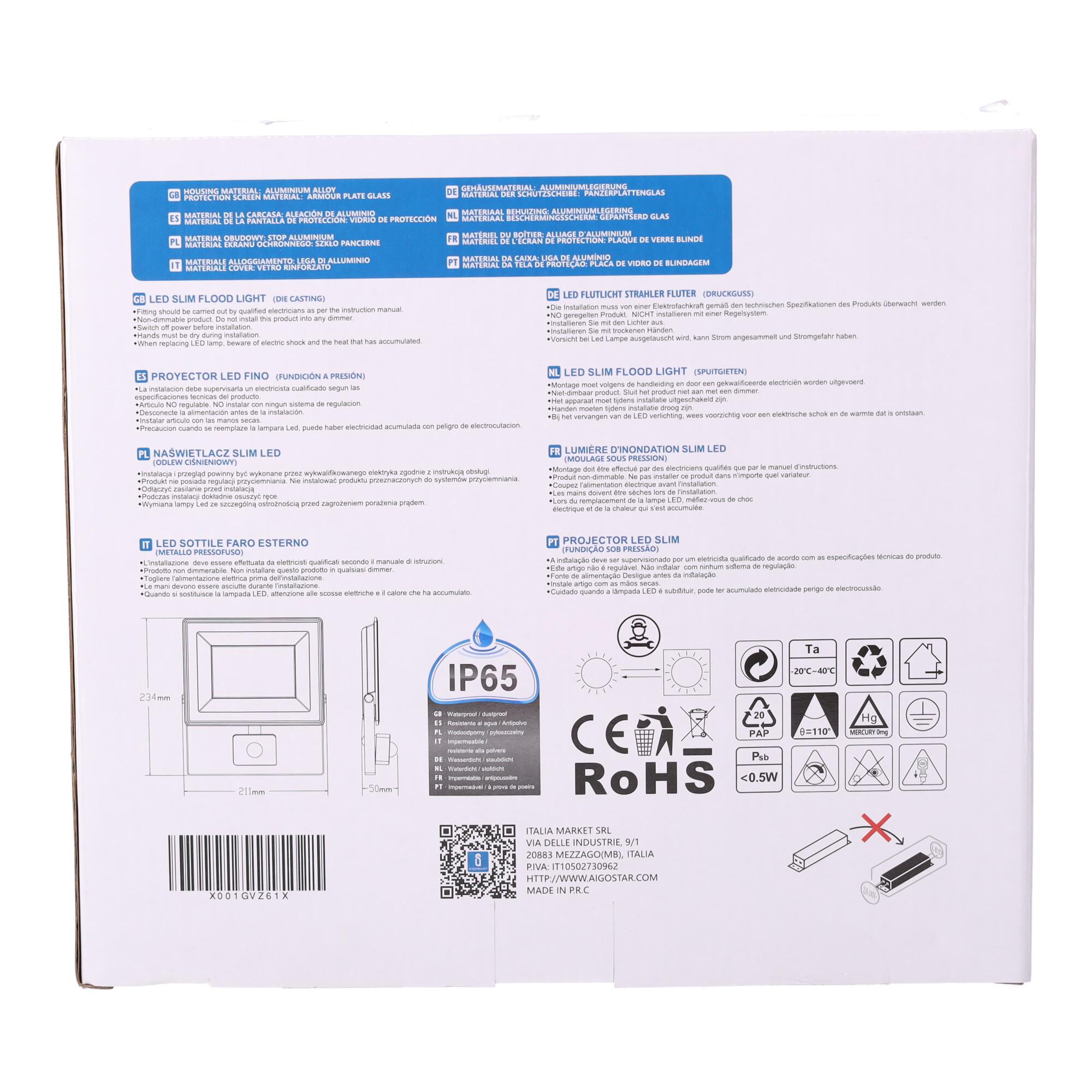 LED Slim Floodlight with Sensor White 50W (Die-casting)