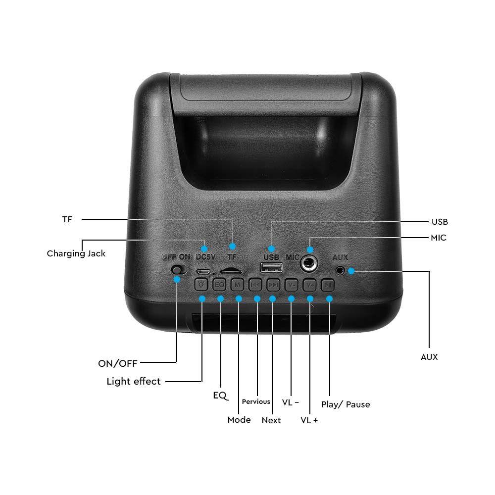 2x10W Przenośny głośnik , gniazdo USB, slot na kartę micro SD, gniazdo AUX, Podświetlenie LED, VTAC, SKU 6663