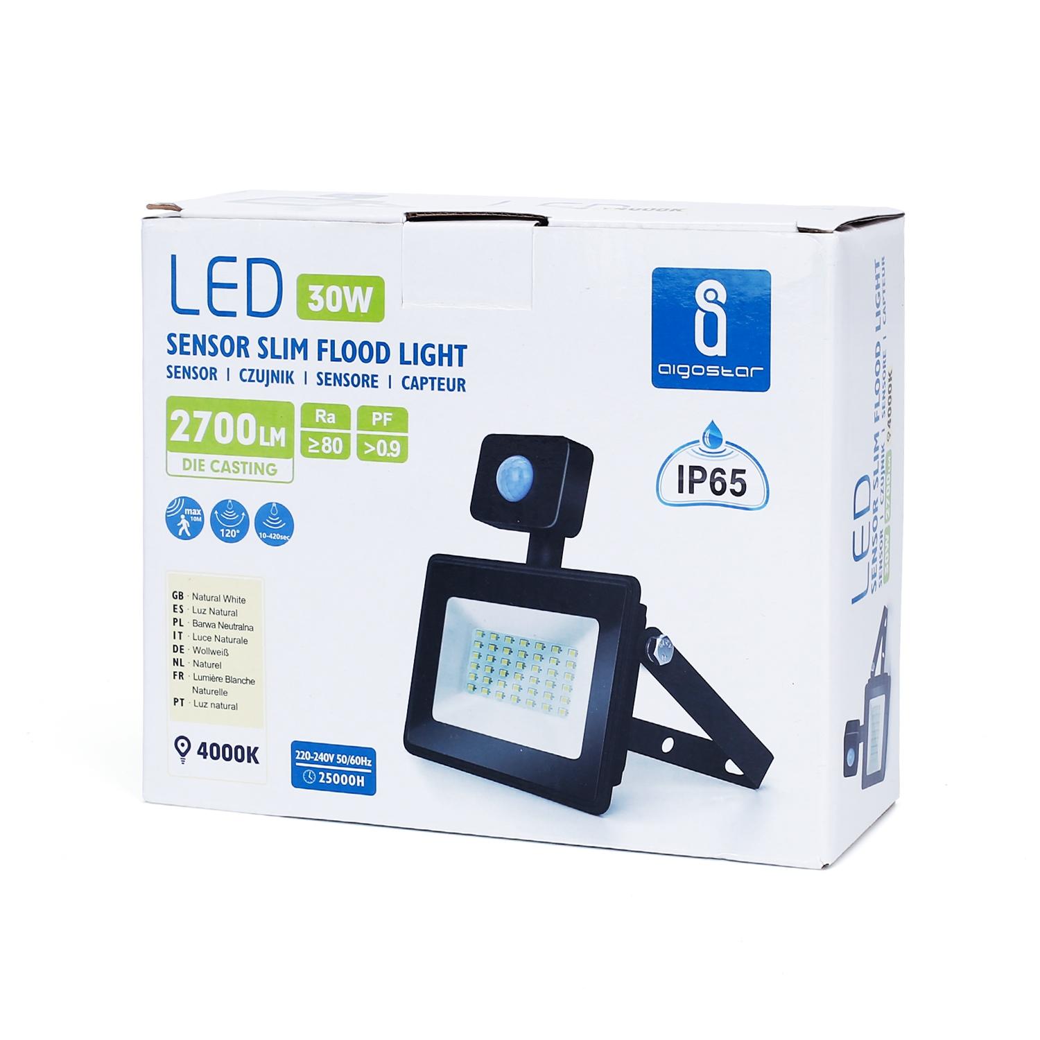 LED Slim Floodlight with Sensor Black 30W (Die-casting)