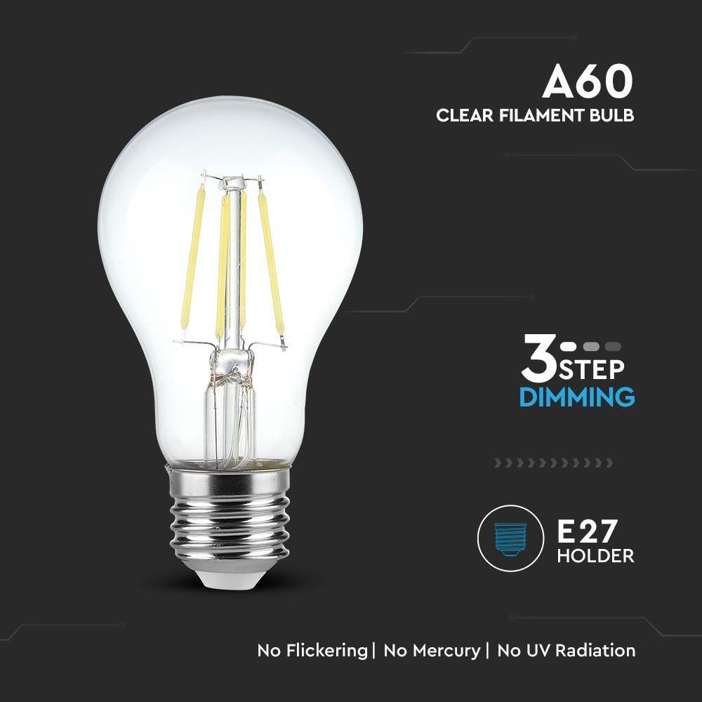 4W A60 Żarówka LED Filament, Barwa:3000K, Ściemniana - 3 stopnie, Trzonek:E27, VTAC, SKU 6845