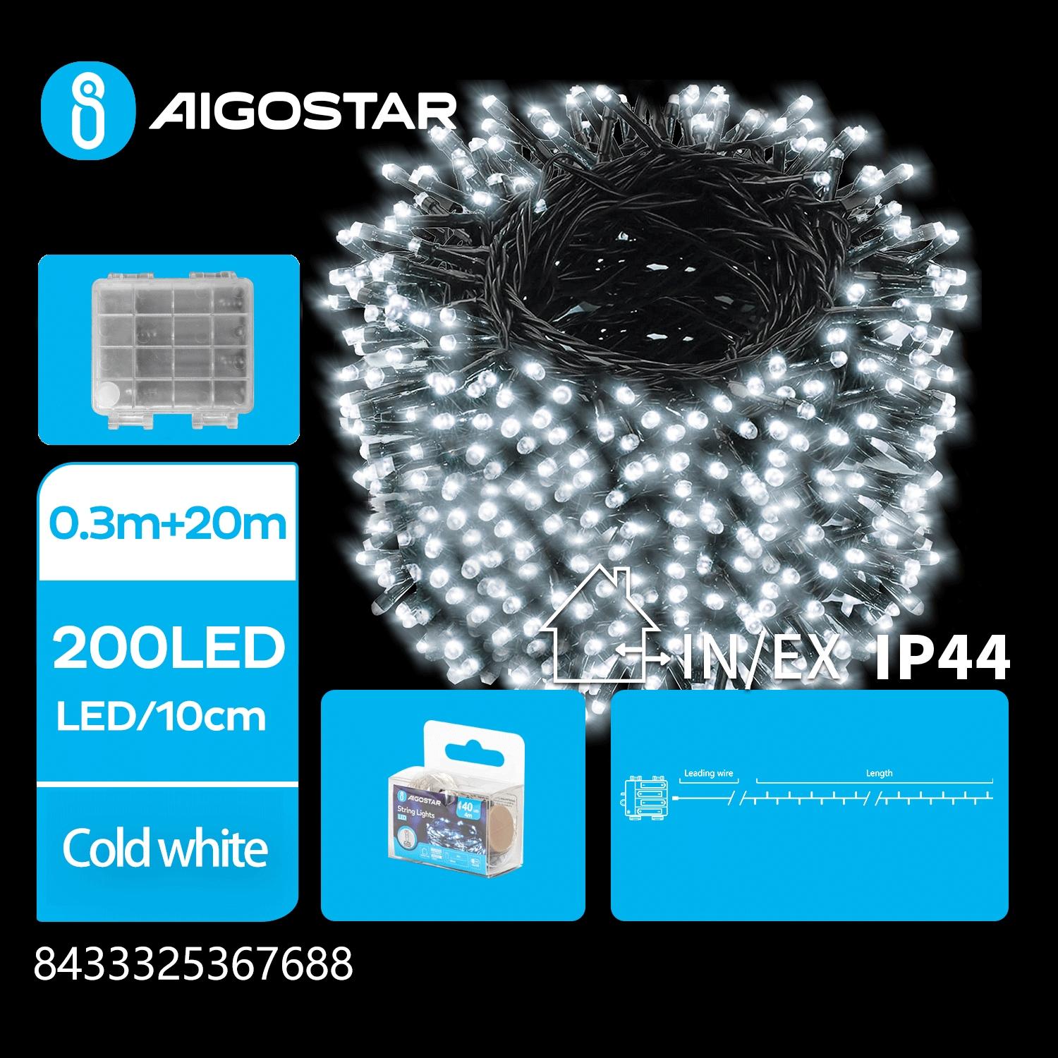 4AA Battery Flat String Lights-Cool White-0.3M+20M-200LED-10CM/LED-transparent wire-8blink+time+IP44