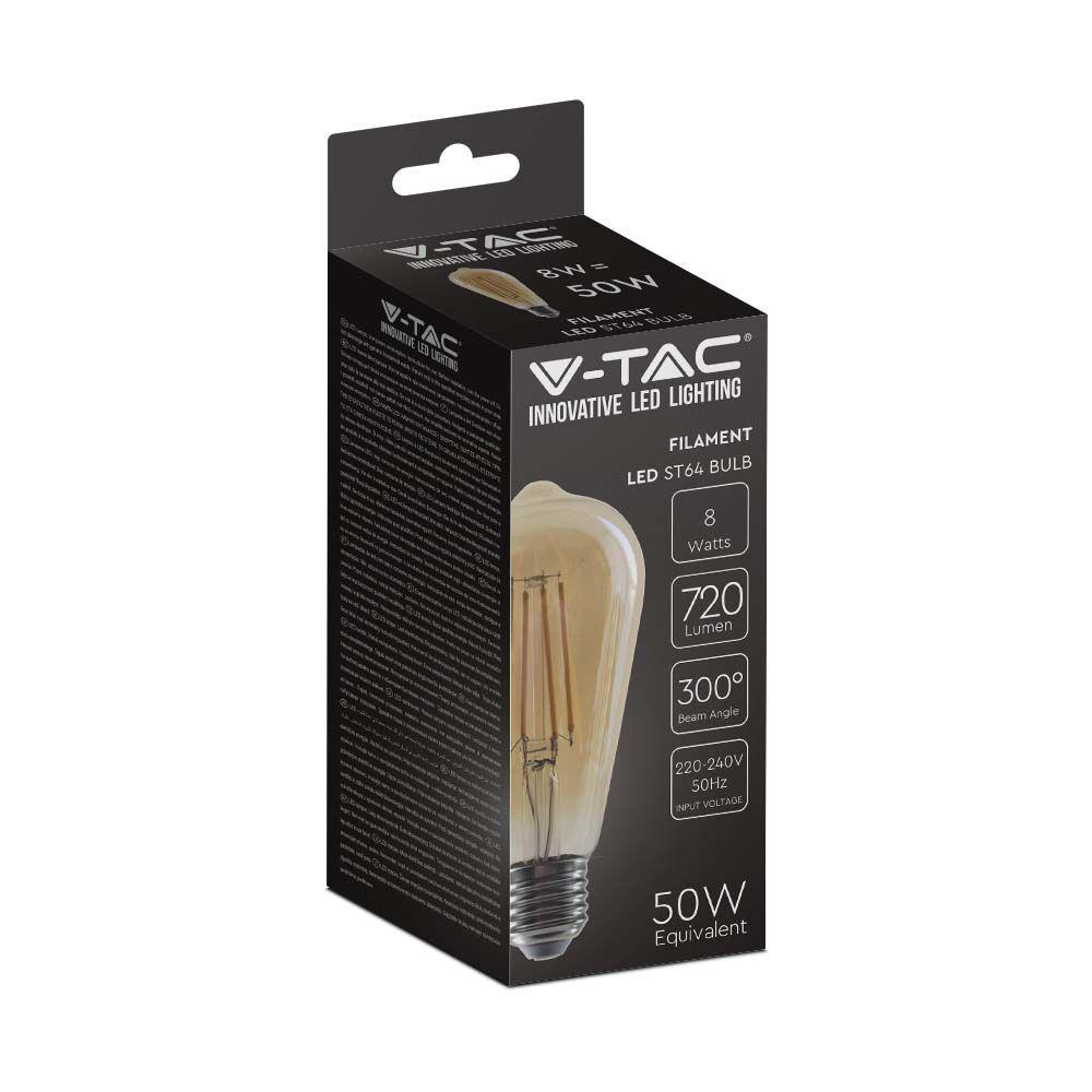 8W ST64 Żarówka LED Filament, Klosz: Bursztynowy, Barwa:2200K, Trzonek:E27, VTAC, SKU 214421